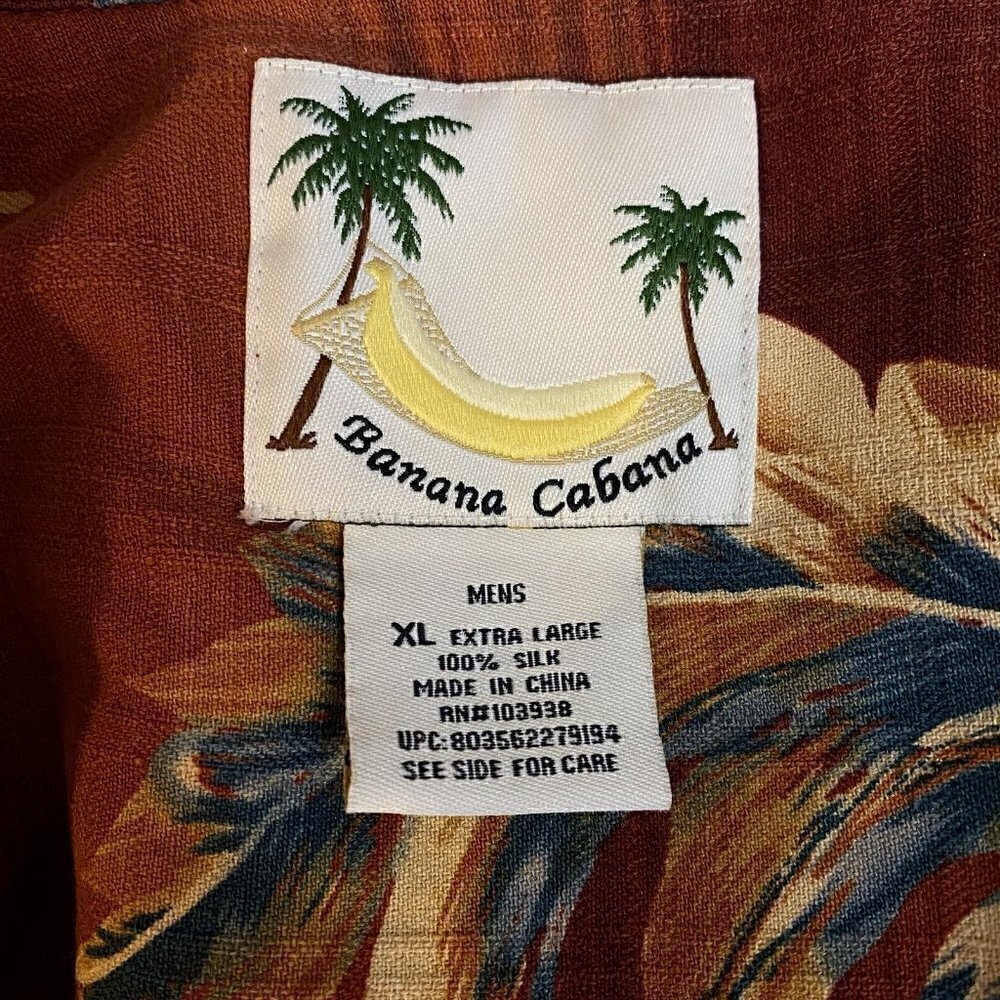 Banana Cabana Size XL Hawaiian Tropical Floral Rust Color Silk Shirt - Picture 5 of 5